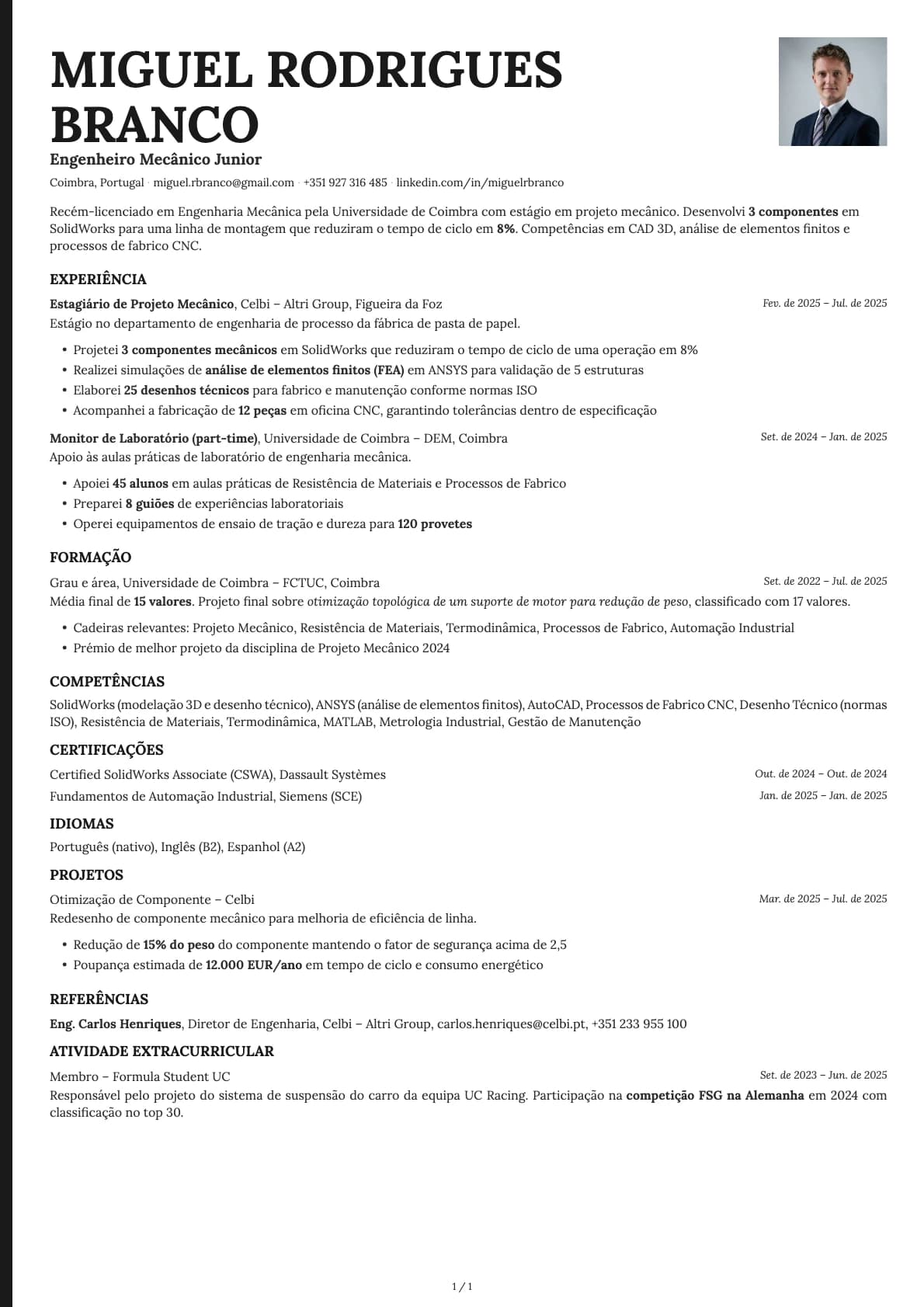 Engenheiro Mecanico Junior resume example