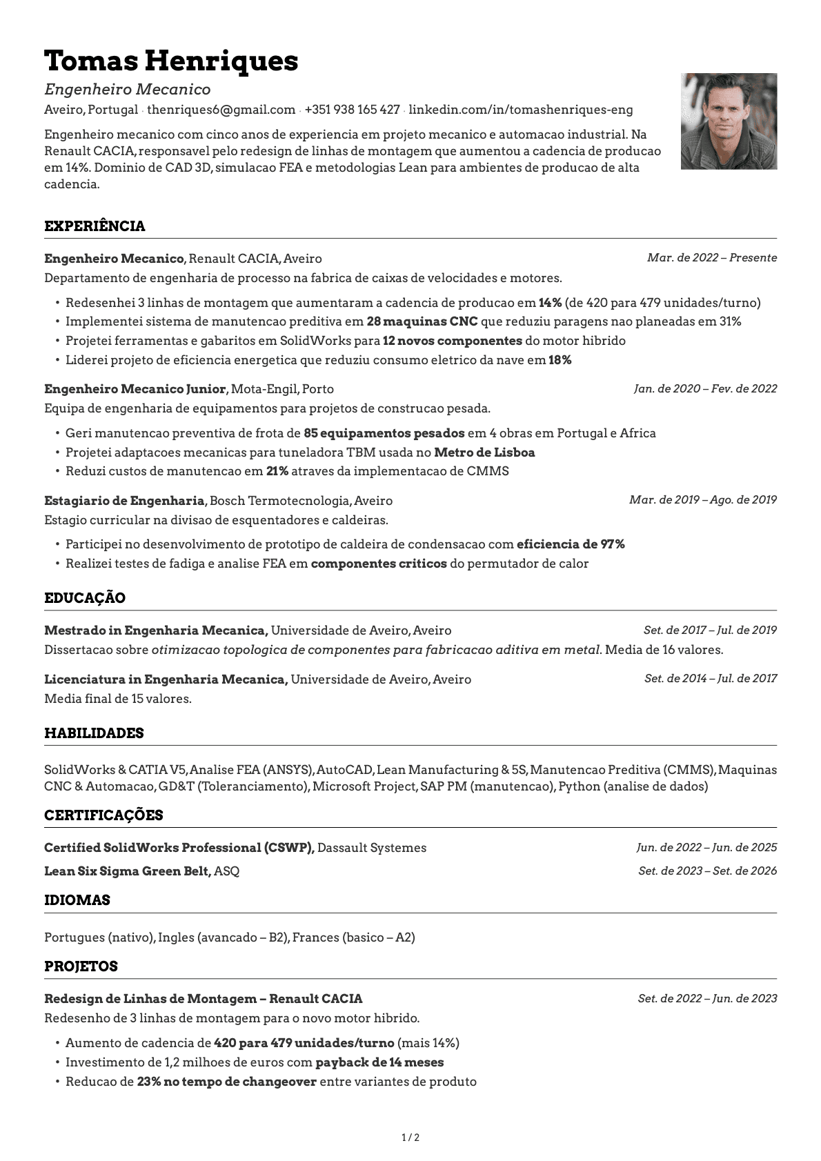 Engenheiro Mecanico resume example