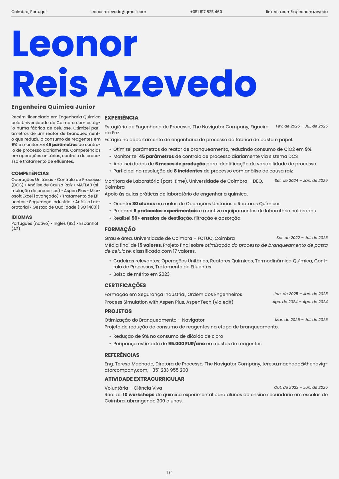 Engenheiro Quimico Junior resume example