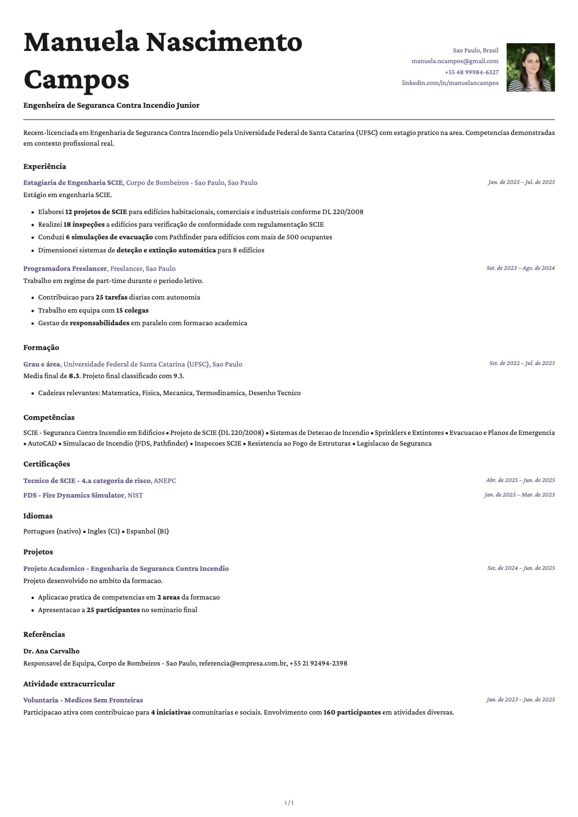 Engenheira de Seguranca Contra Incendio Junior resume example