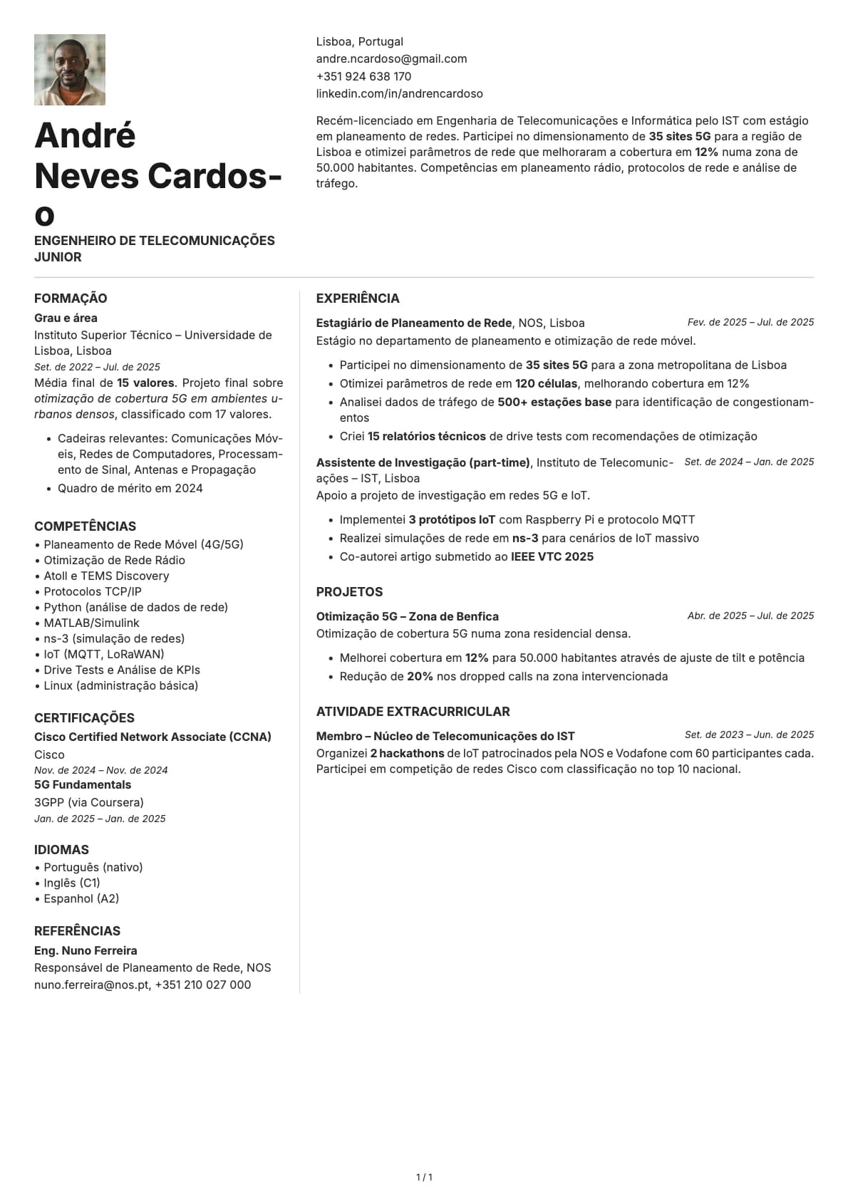 Engenheiro de Telecomunicacoes Junior resume example
