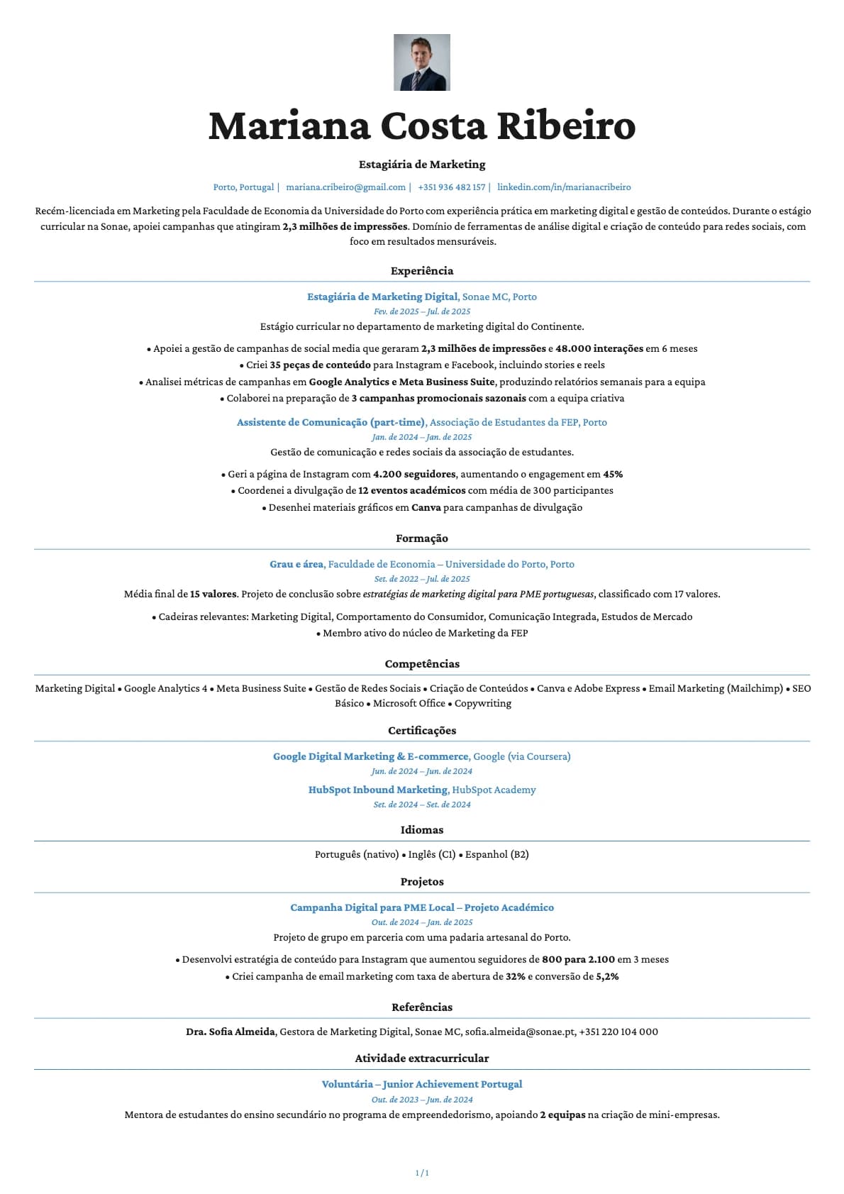 Estagiario Marketing resume example