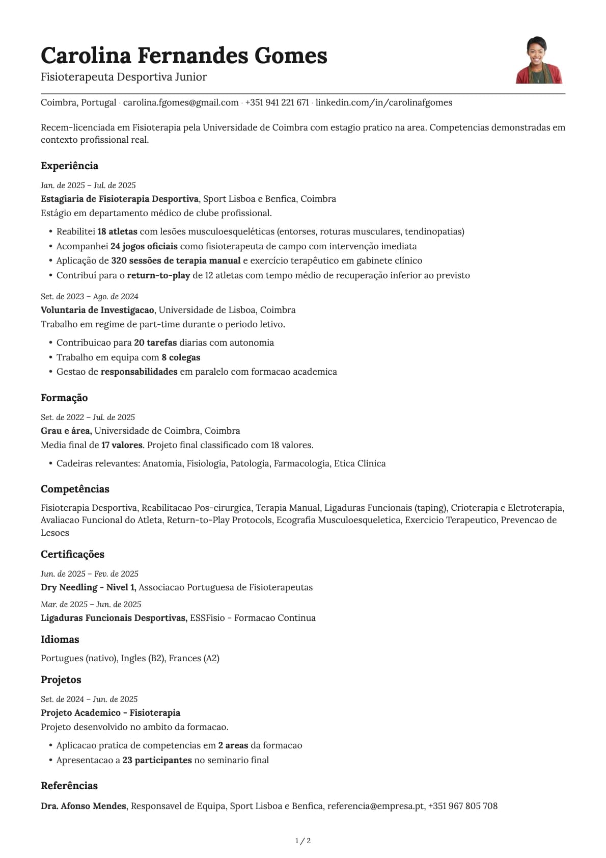 Fisioterapeuta Desportiva Junior resume example