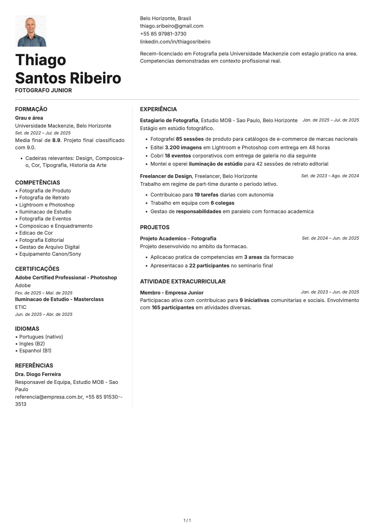 Fotografo Junior resume example