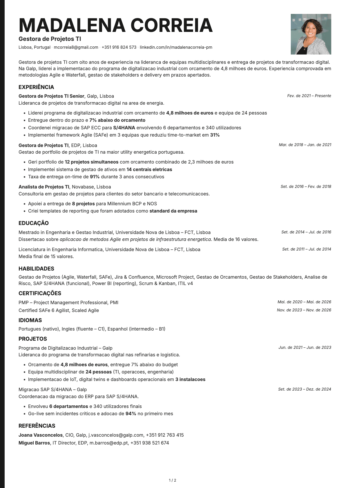 Gestor de Projetos TI resume example