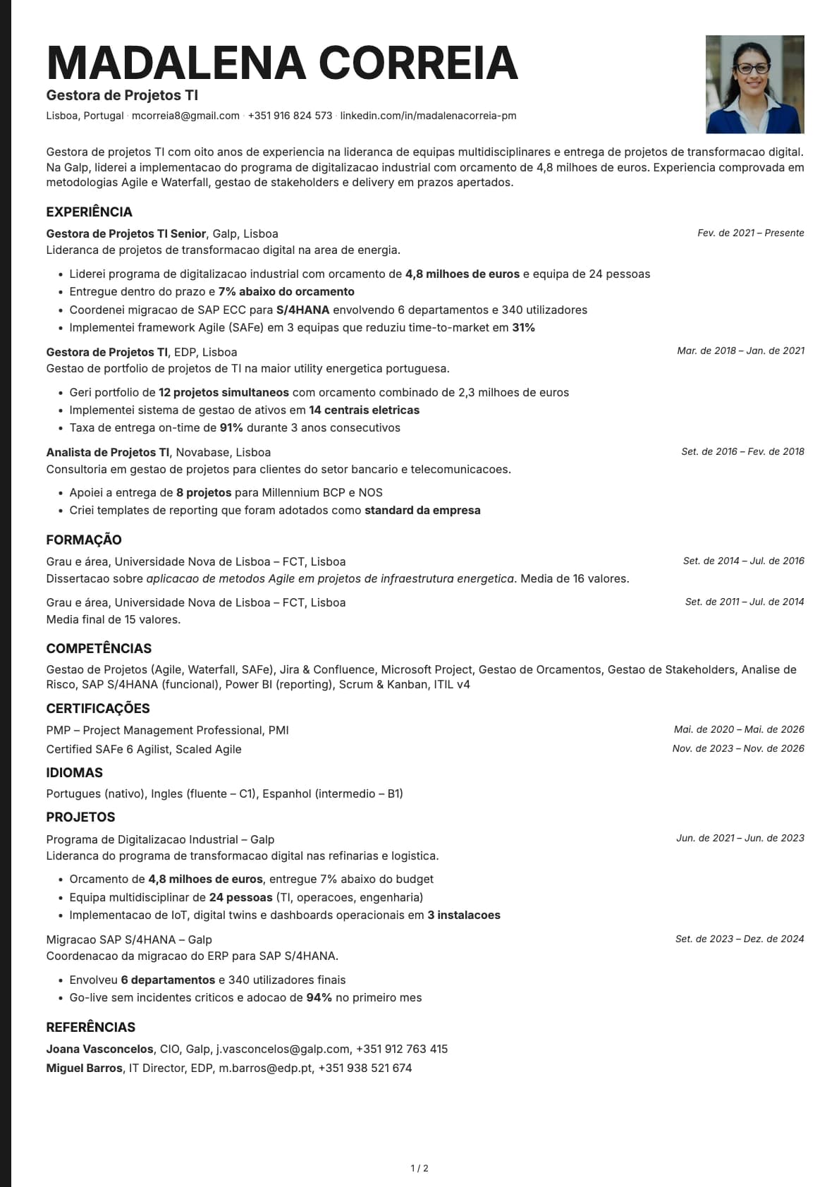 Gestor de Projetos TI resume example