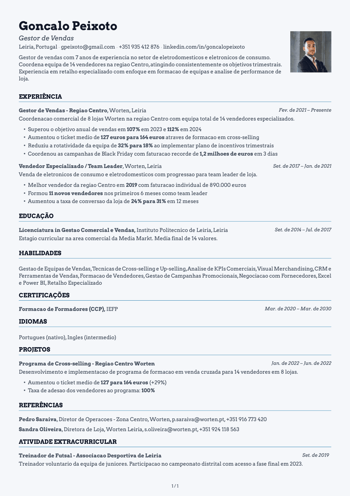 Gestor de Vendas resume example