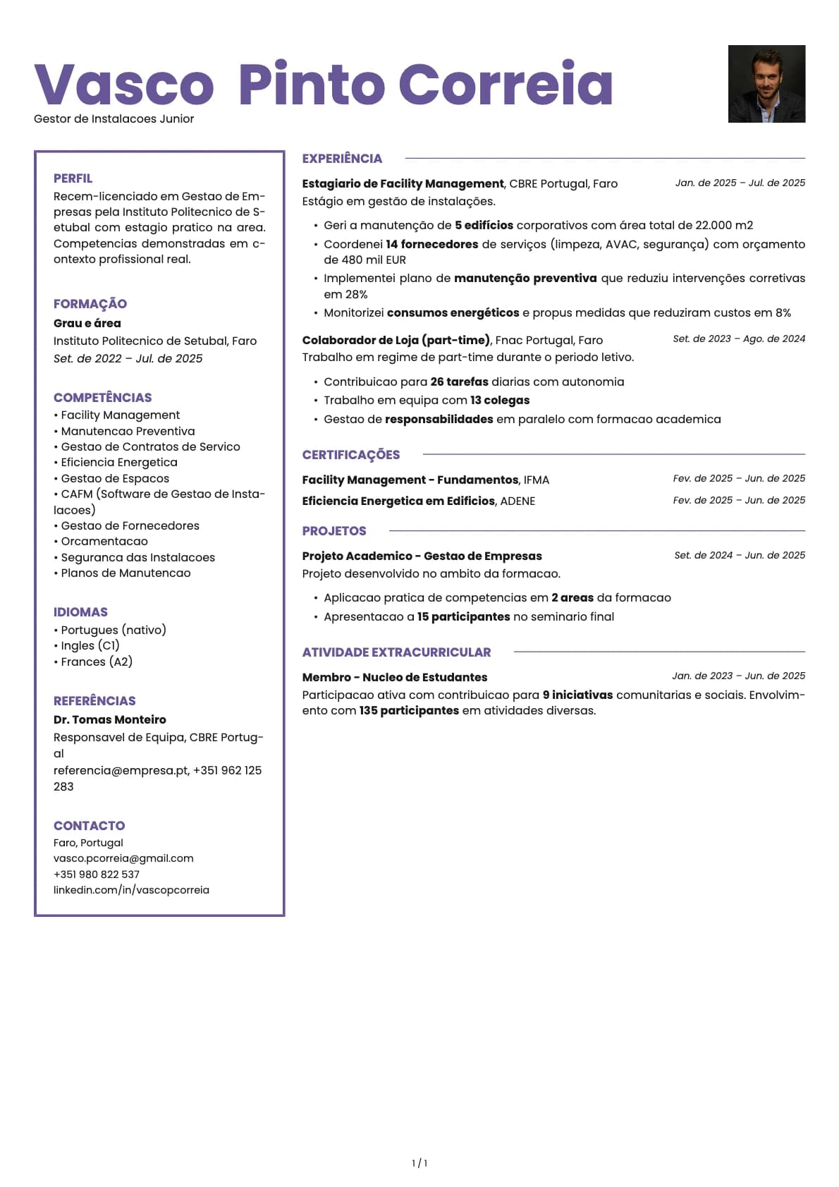 Gestor de Instalacoes Junior resume example