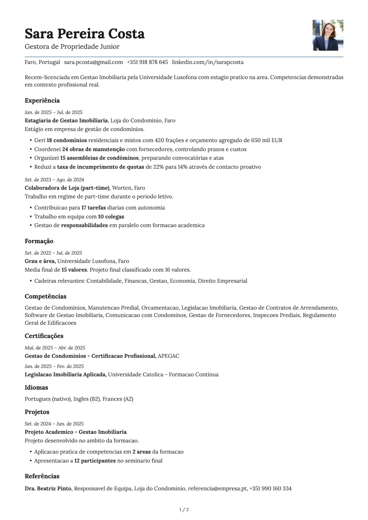 Gestora de Propriedade Junior resume example