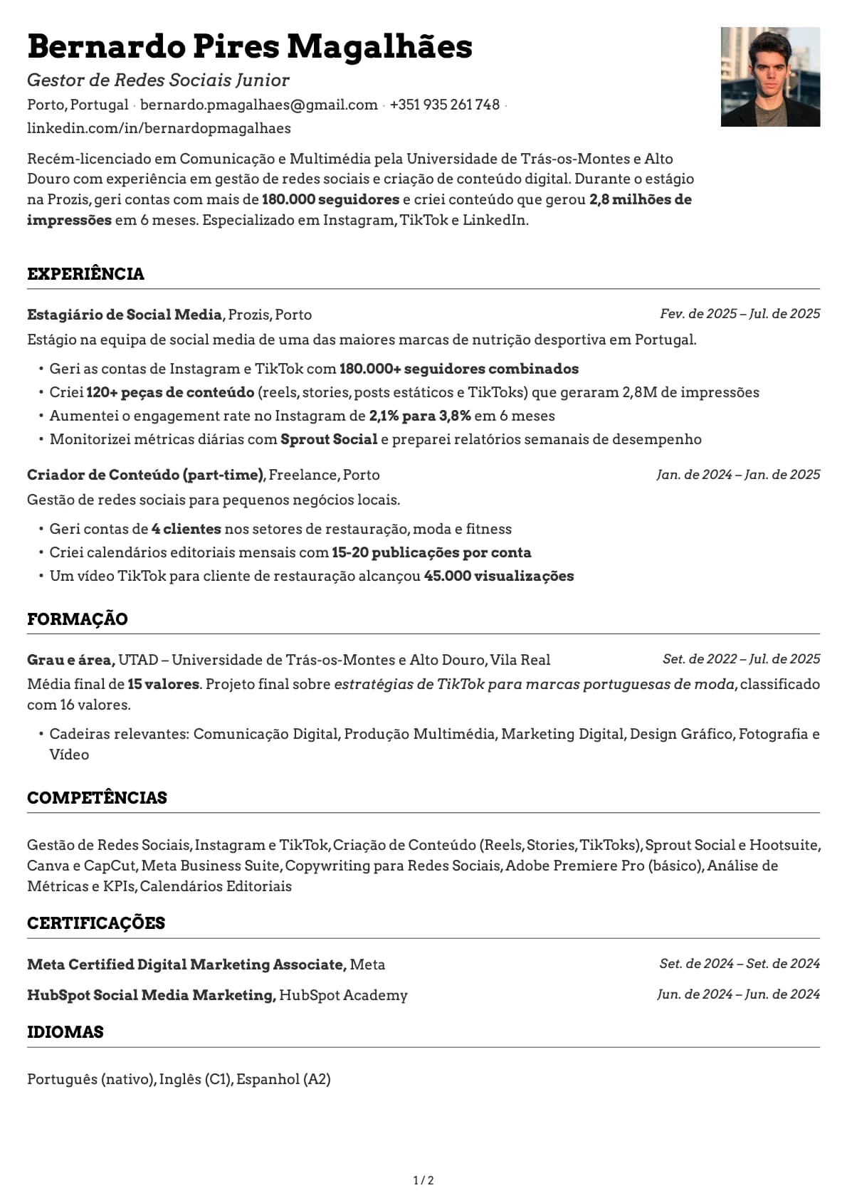 Gestor de Redes Sociais Junior resume example