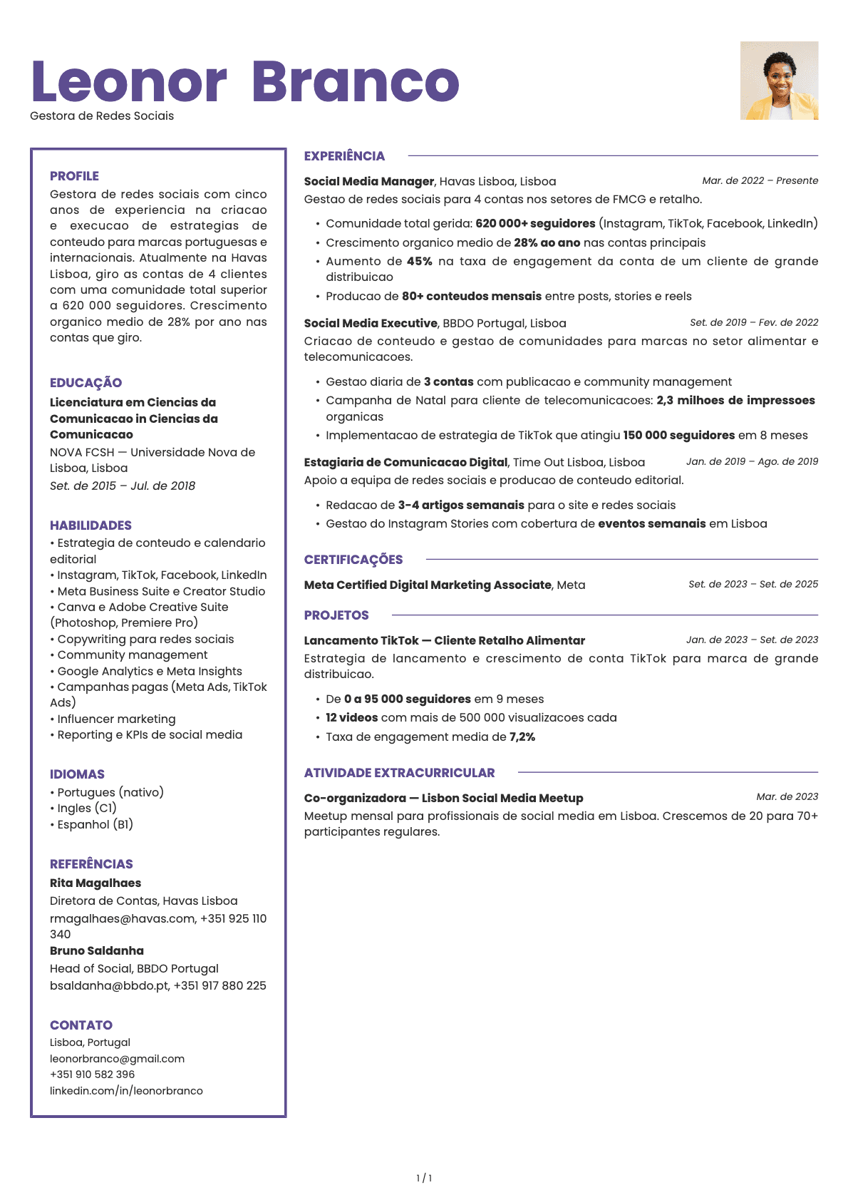 Gestor de Redes Sociais resume example