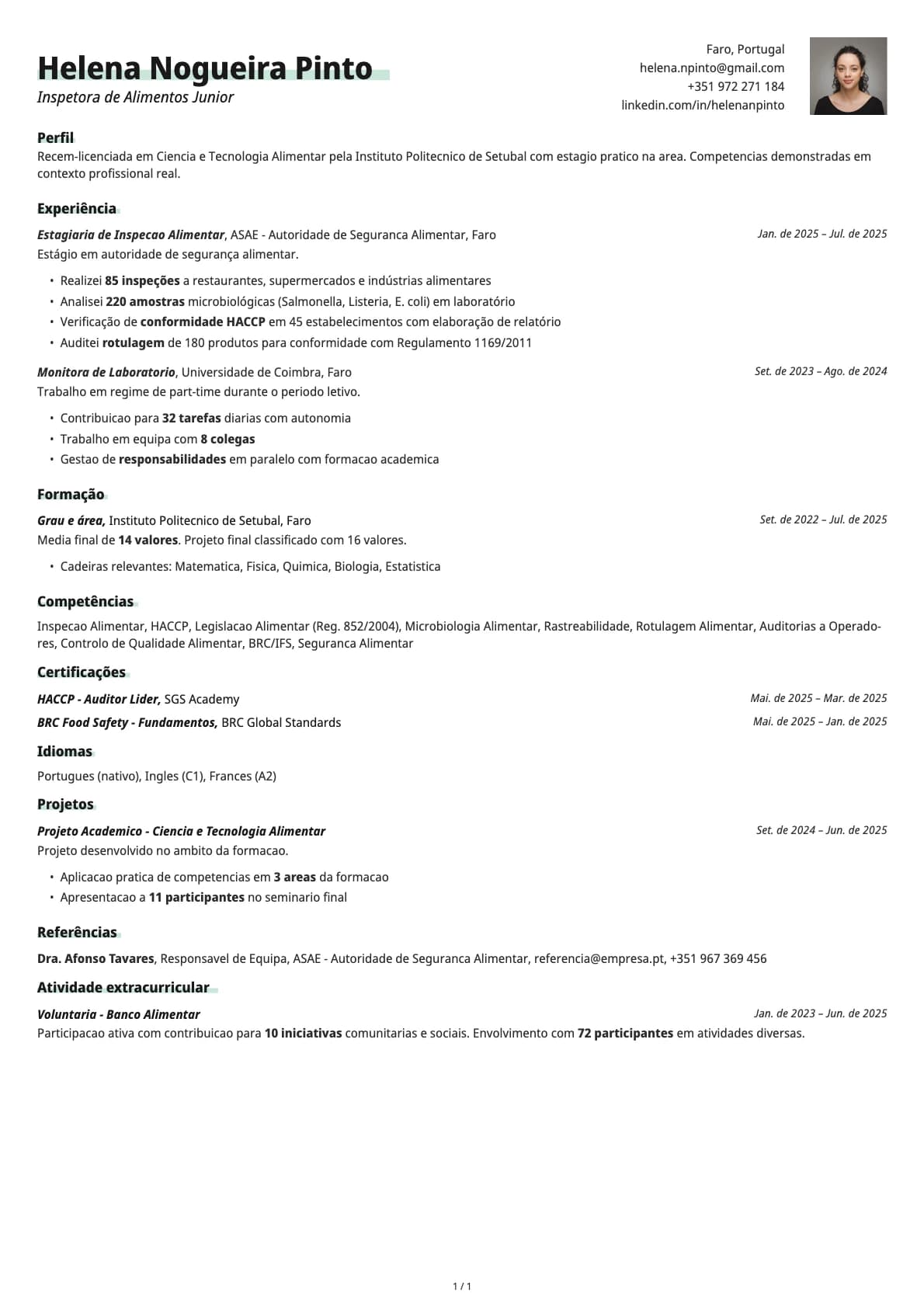 Inspetora de Alimentos Junior resume example