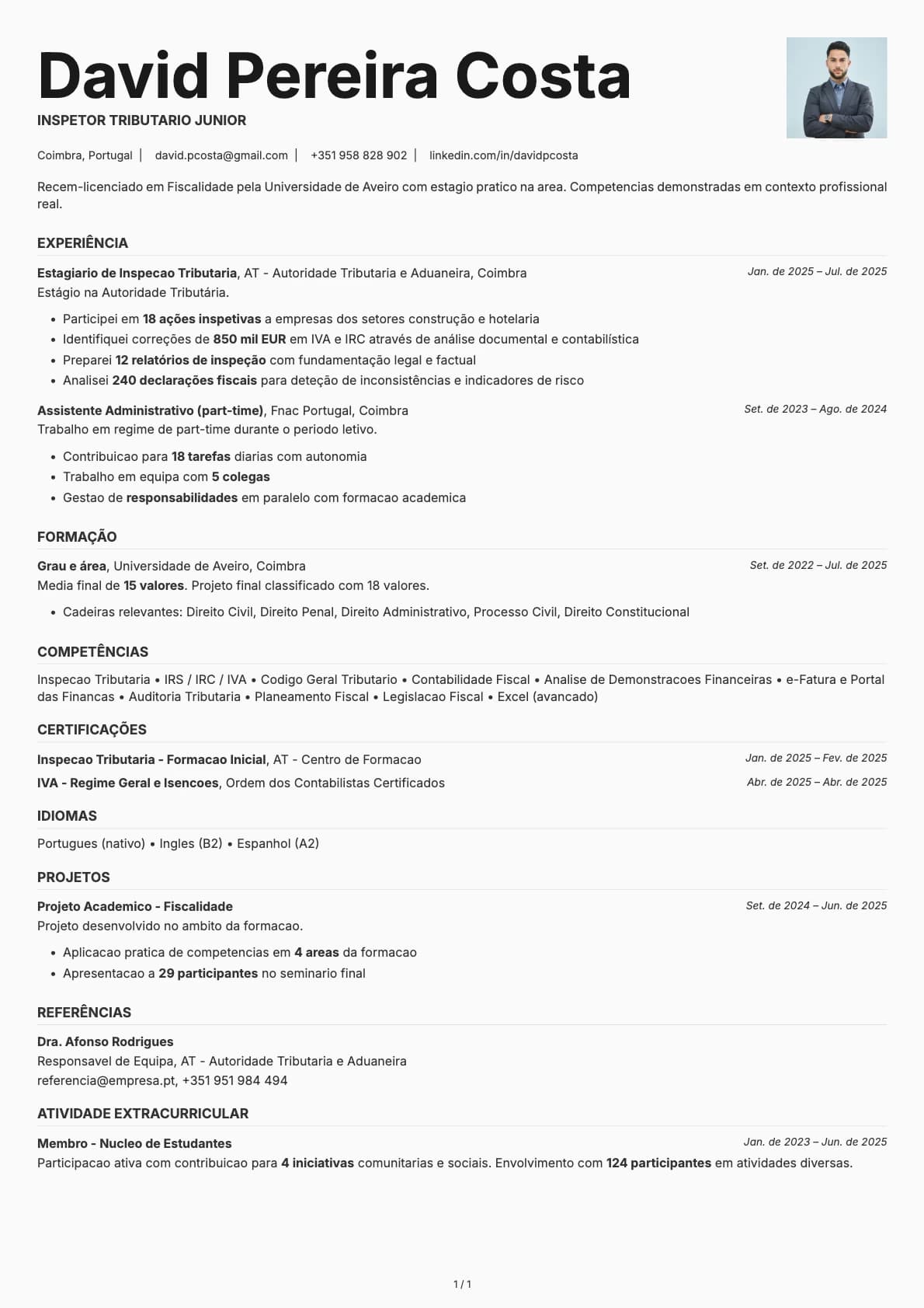 Inspetor Tributario Junior resume example