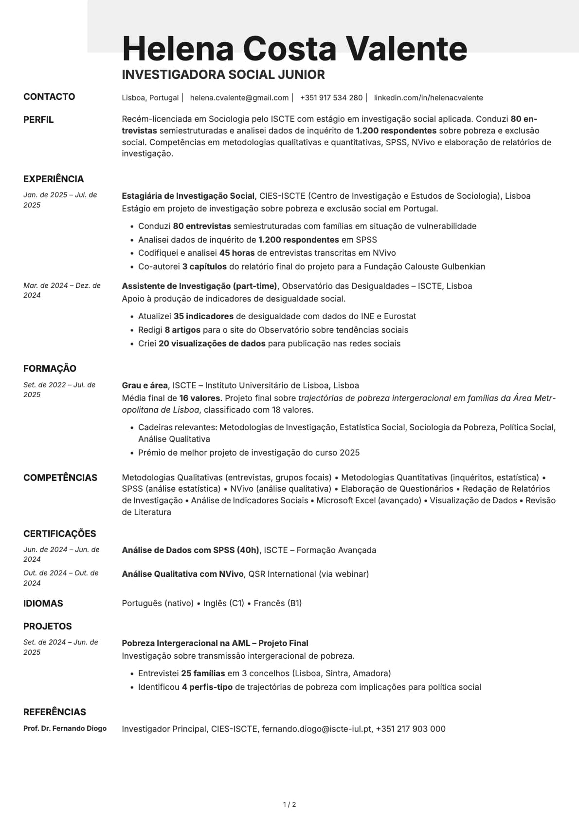 Investigador Social Junior resume example