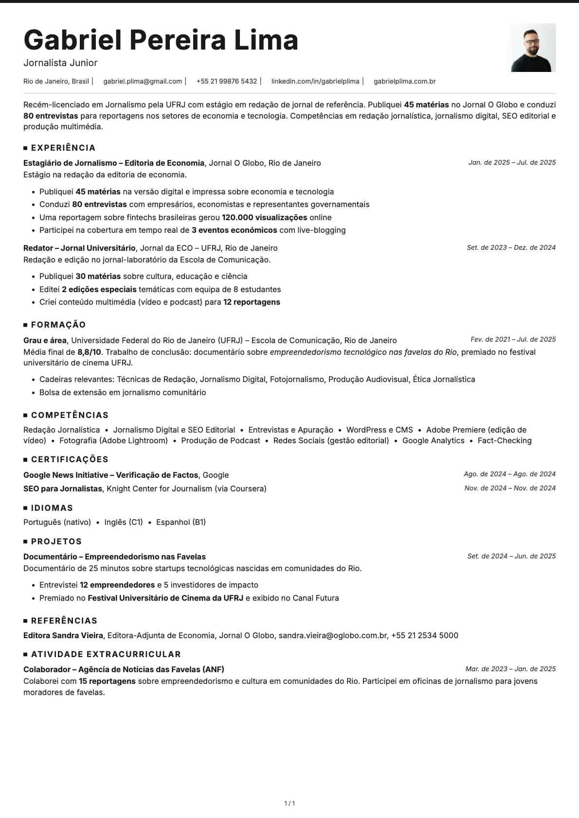 Jornalista Junior resume example