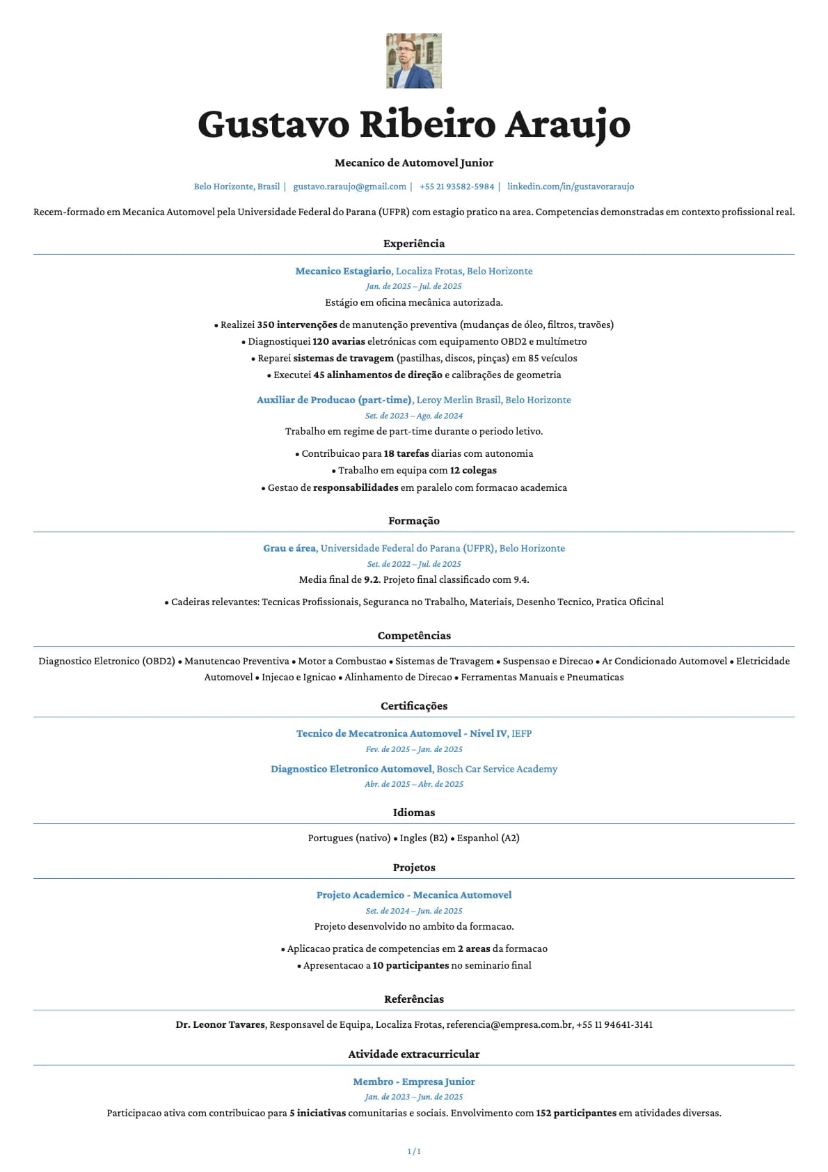 Mecanico de Automovel Junior resume example