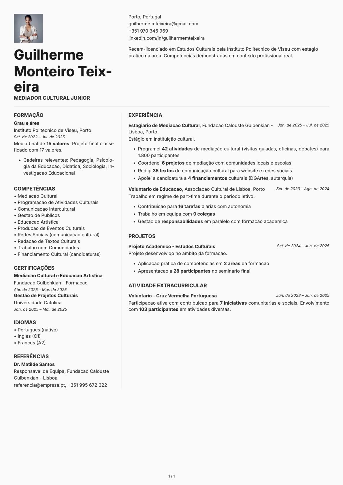 Mediador Cultural Junior resume example