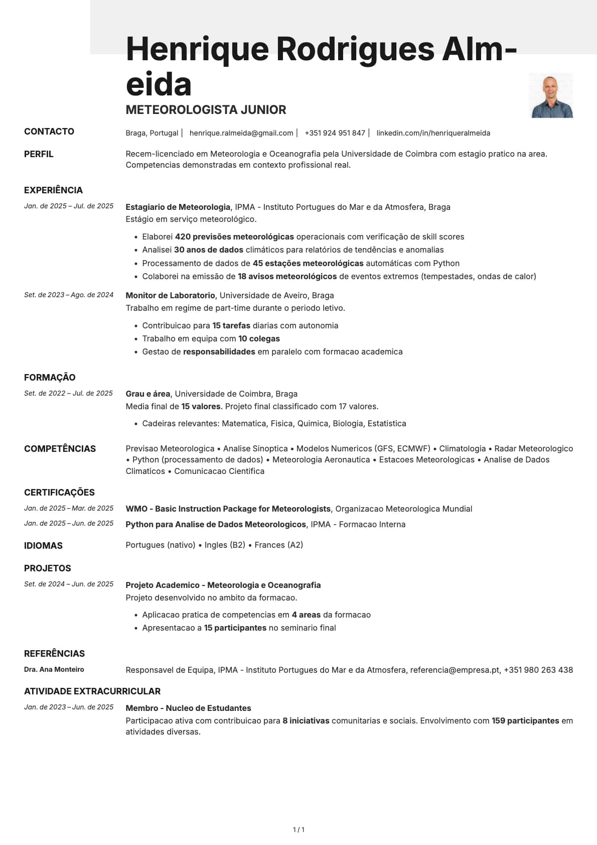 Meteorologista Junior resume example