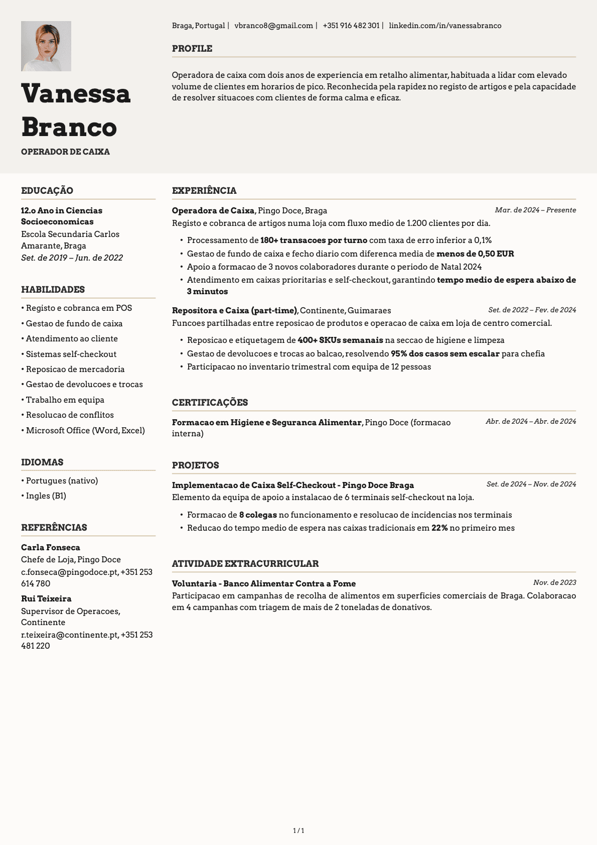 Operador de Caixa resume example