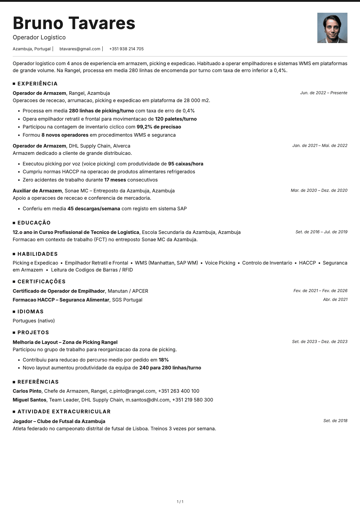 Operador Logistico resume example