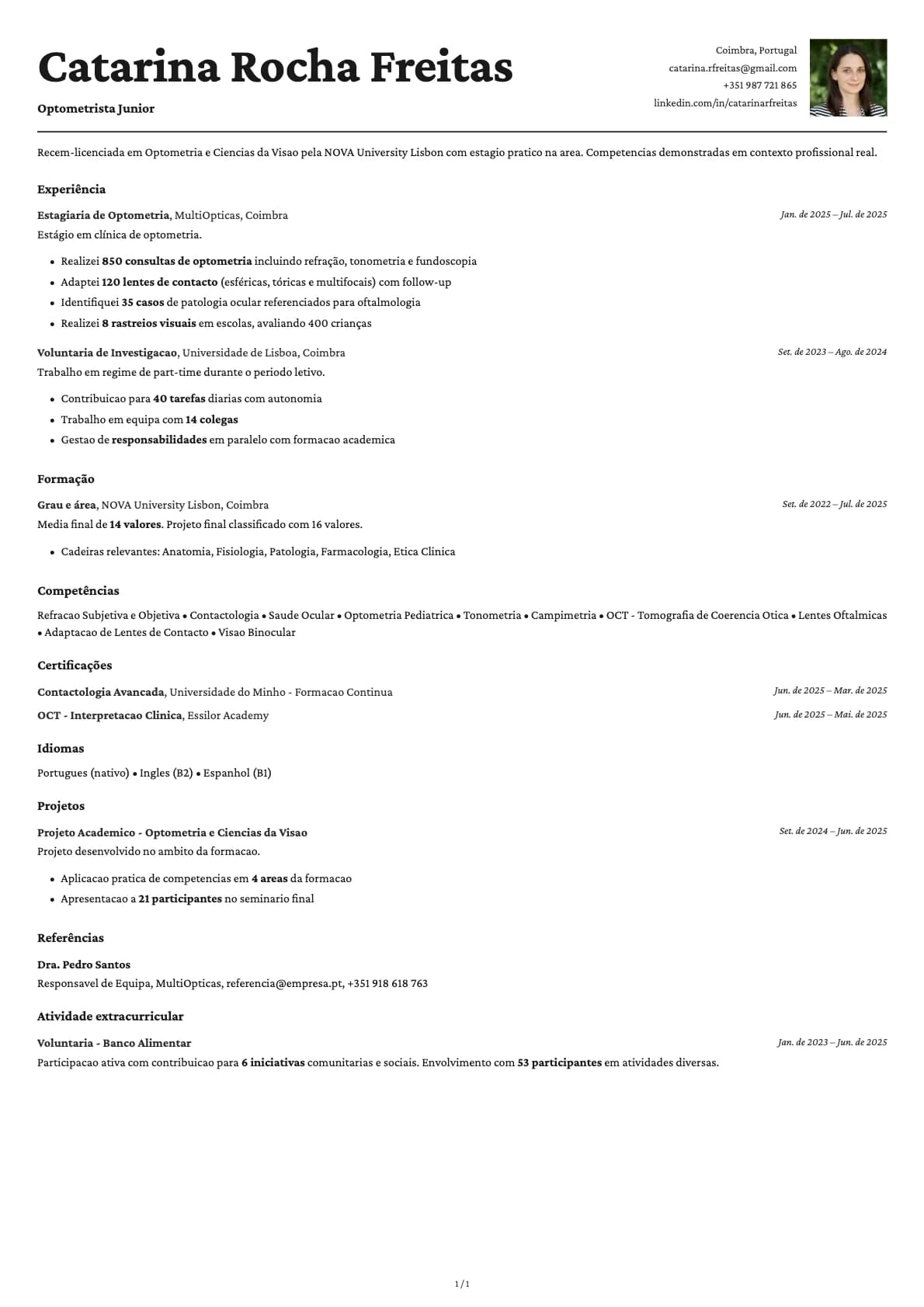 Optometrista Junior resume example