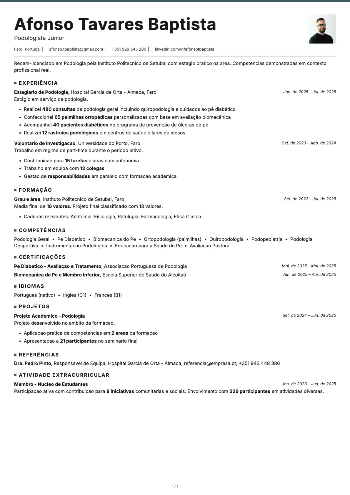 Podologista Junior resume example