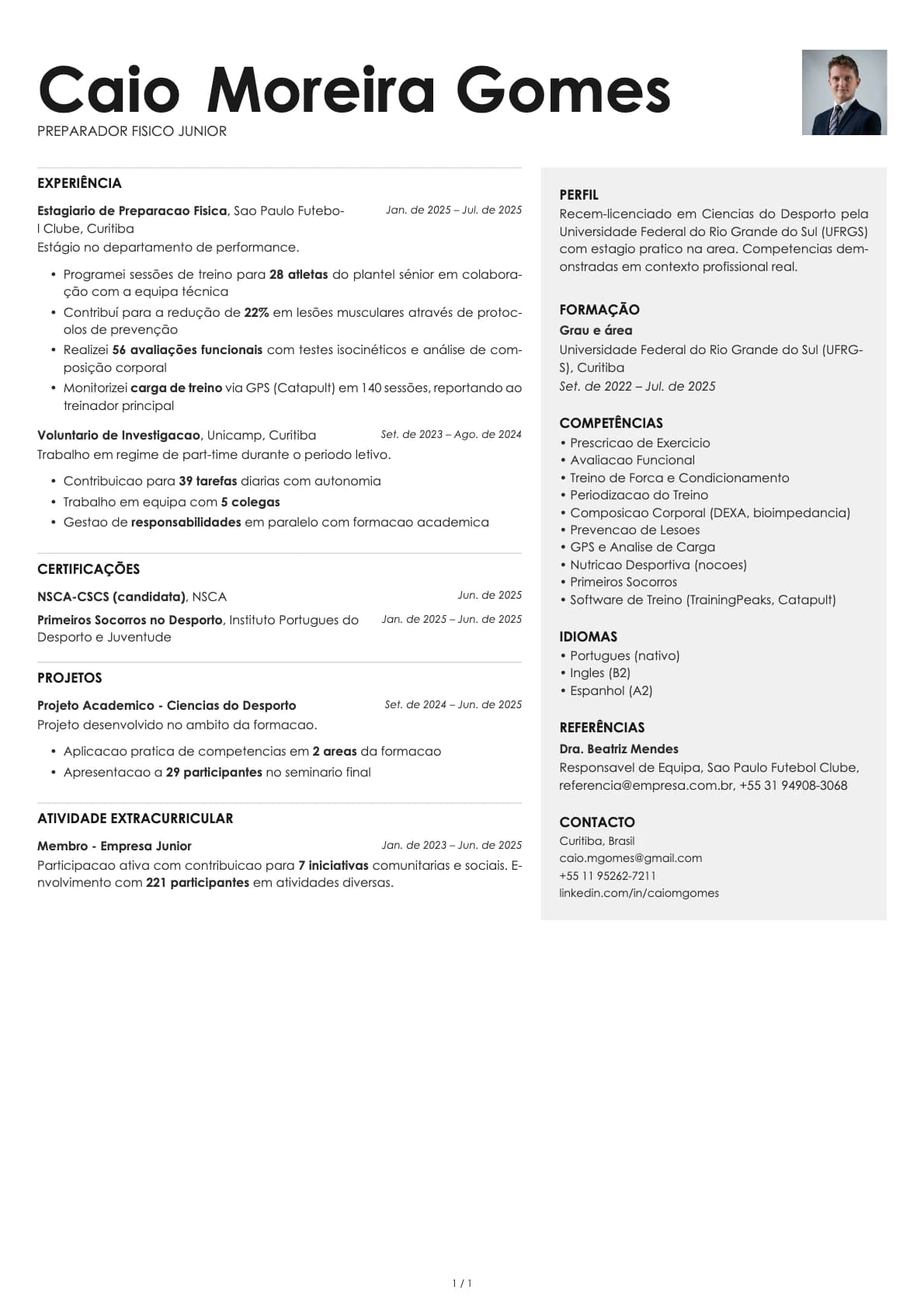 Preparador Fisico Junior resume example