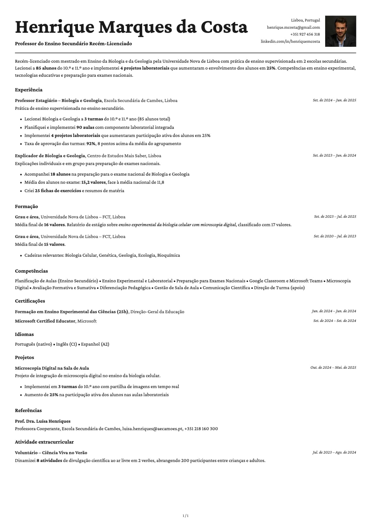 Professor Secundario Recem-Licenciado resume example