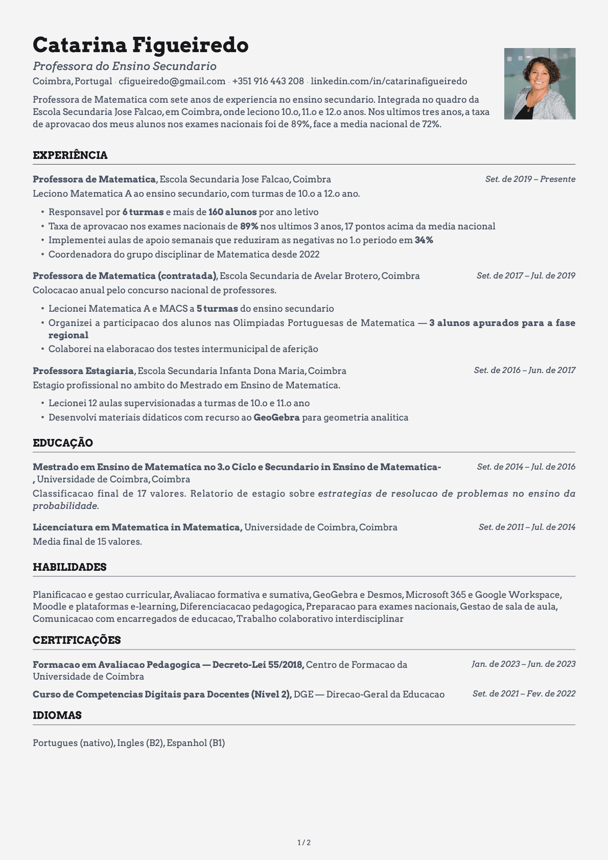 Professor do Ensino Secundario resume example