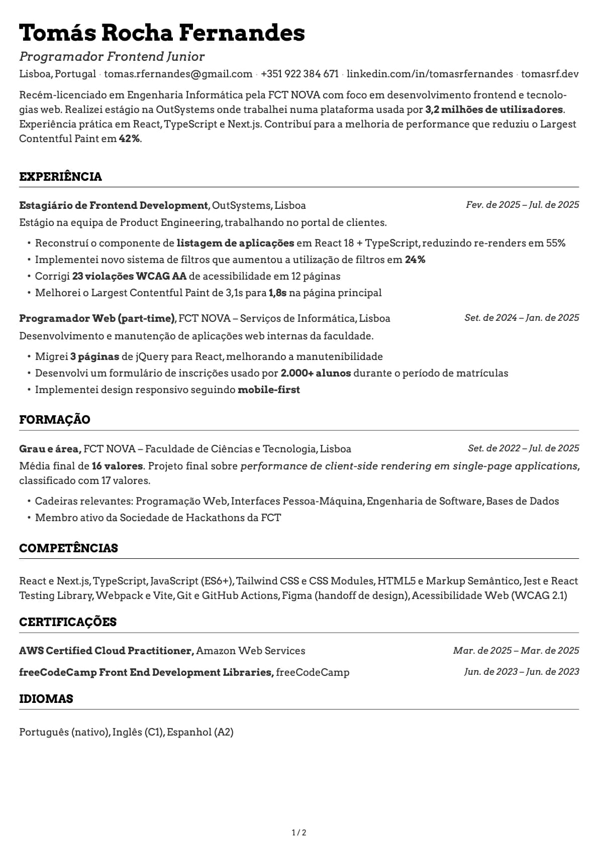 Programador Frontend Junior resume