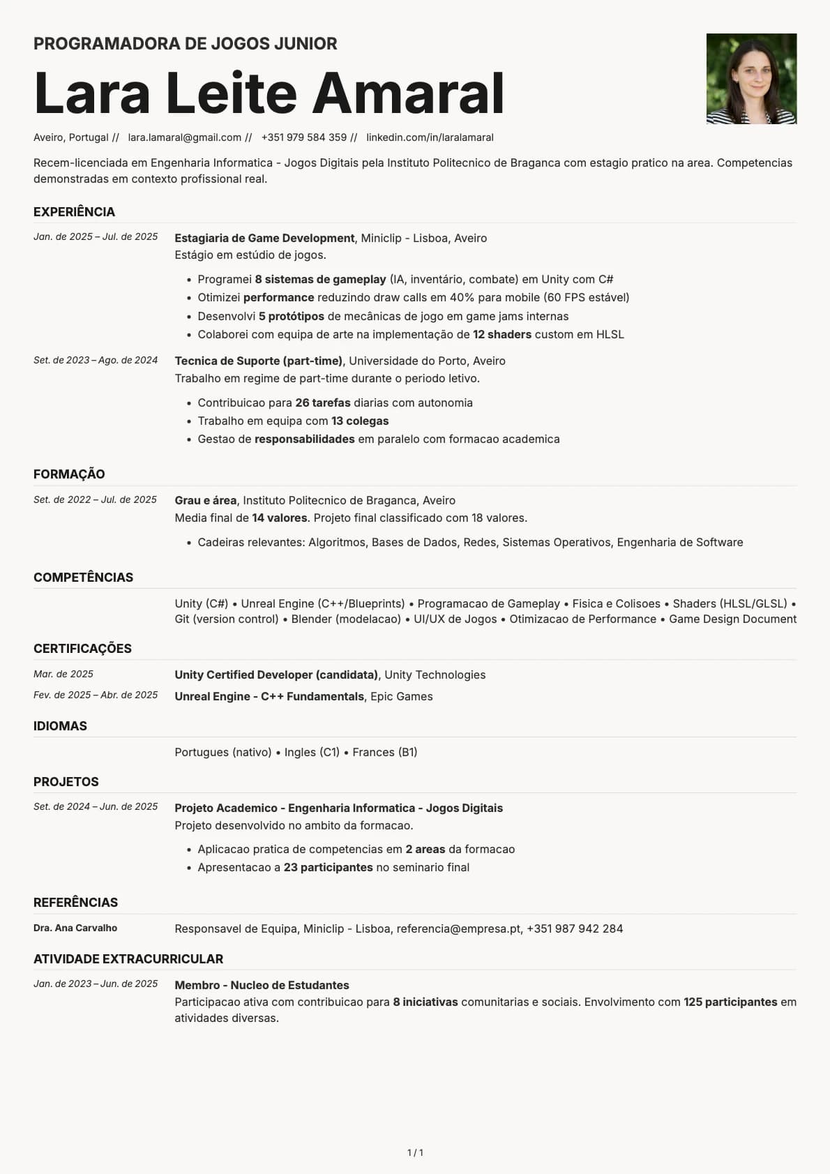 Programadora de Jogos Junior resume example