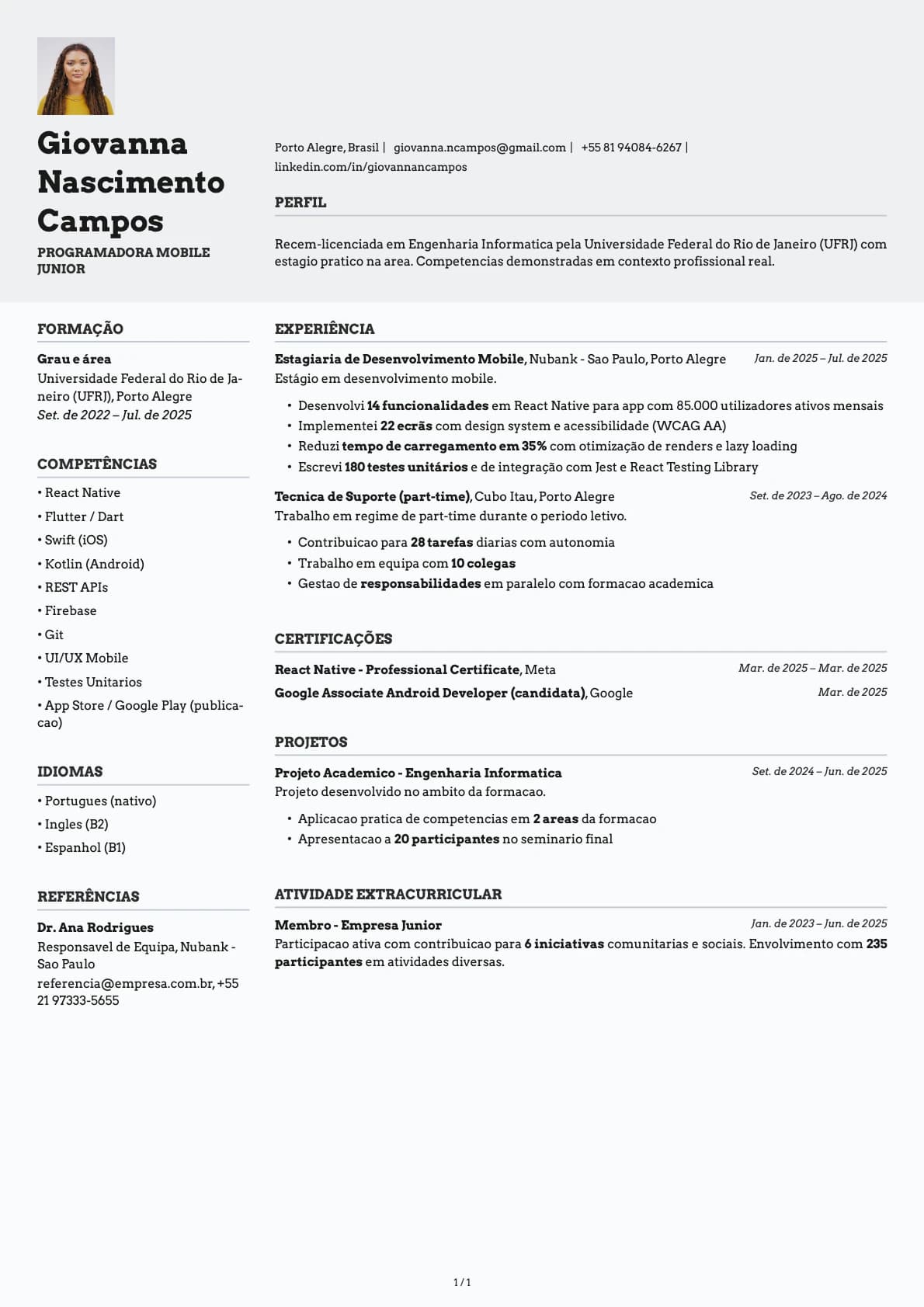 Programadora Mobile Junior resume example