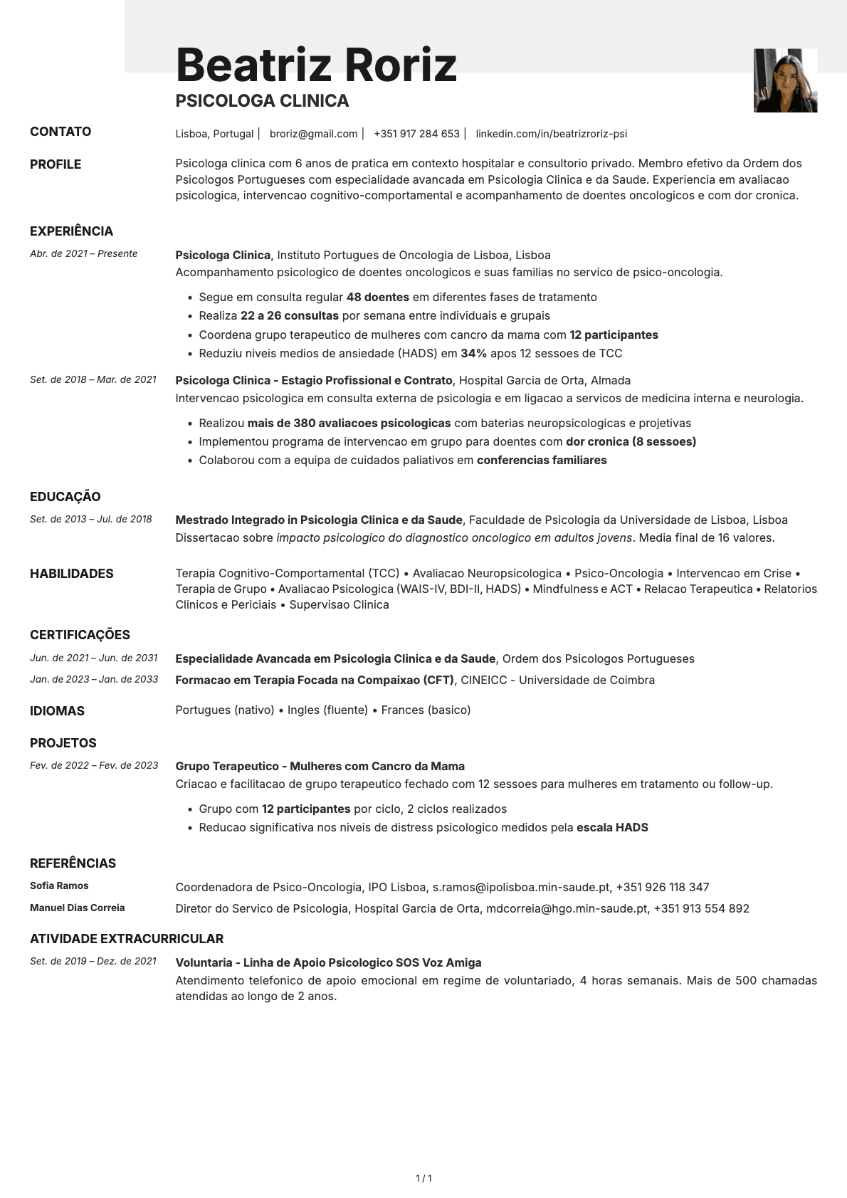 Psicologo resume example