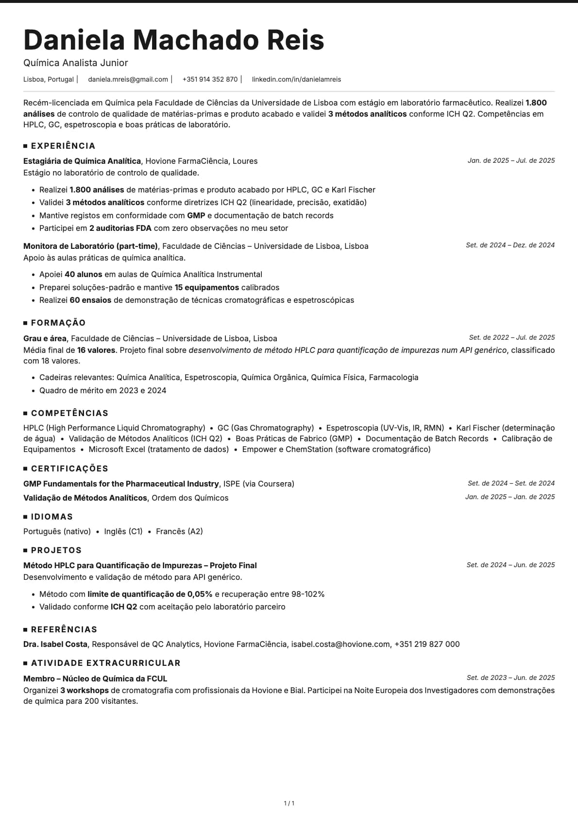 Quimico Analista Junior resume example