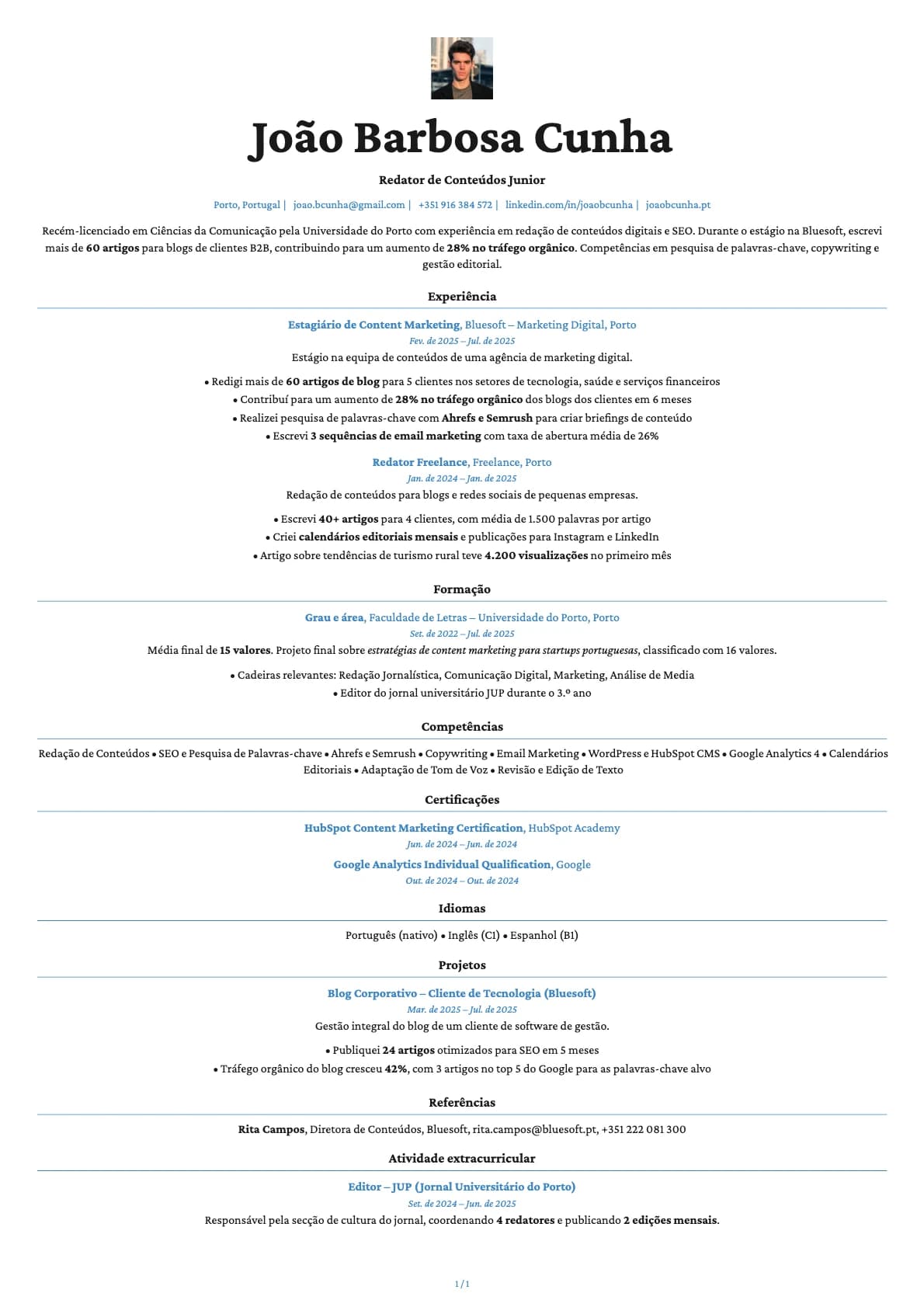 Redator de Conteudos Junior resume example