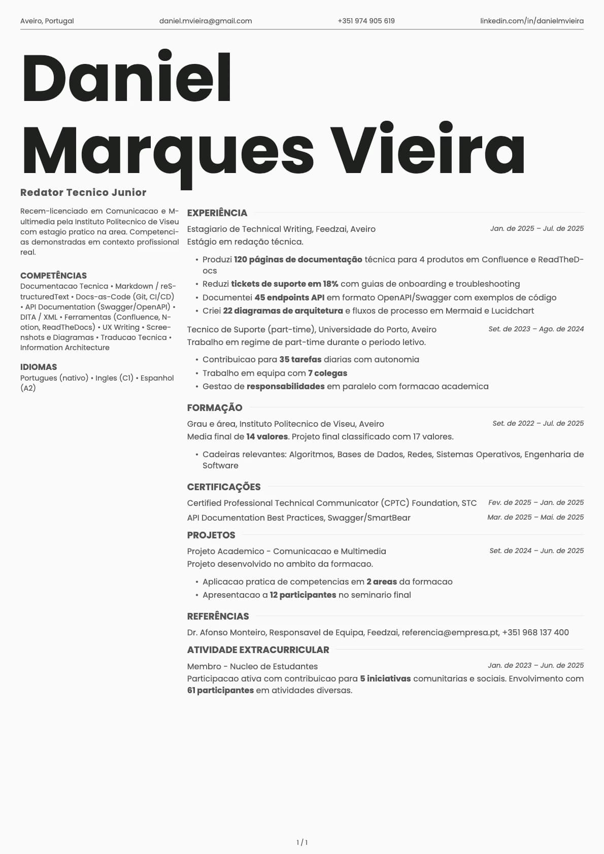Redator Tecnico Junior resume example