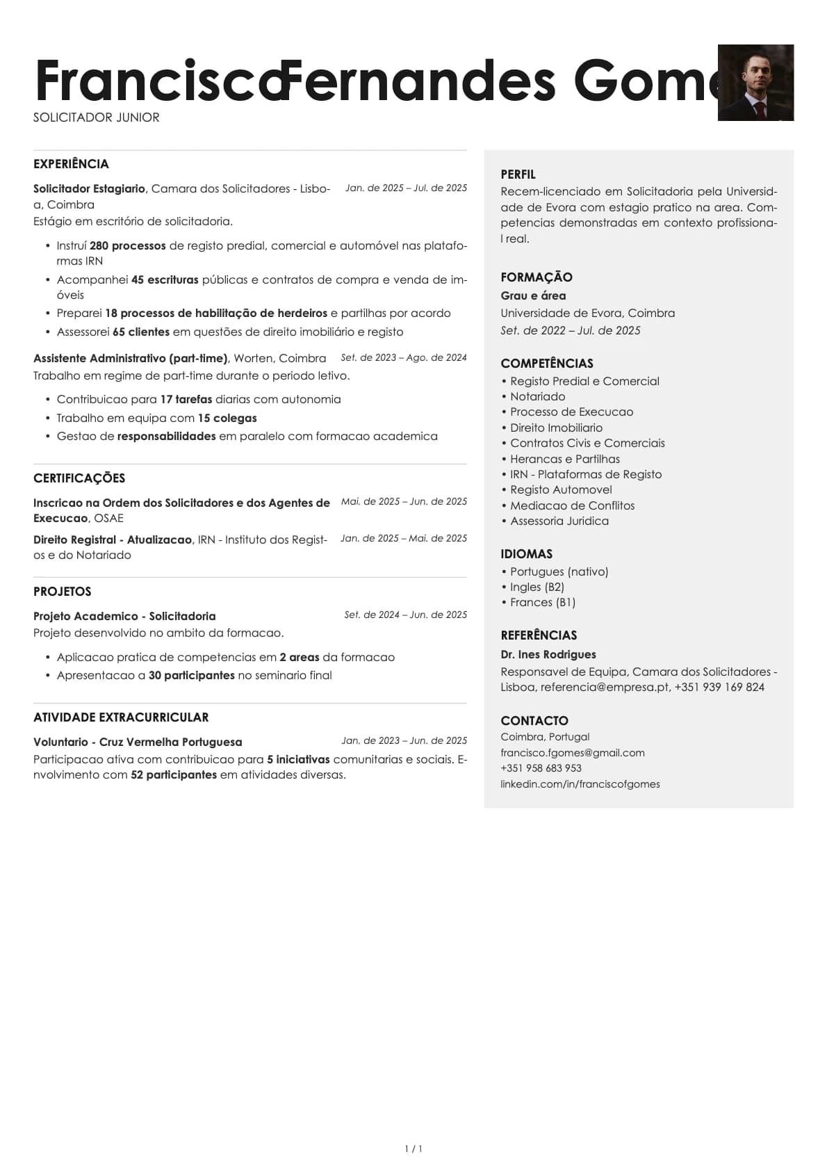 Solicitador Junior resume example