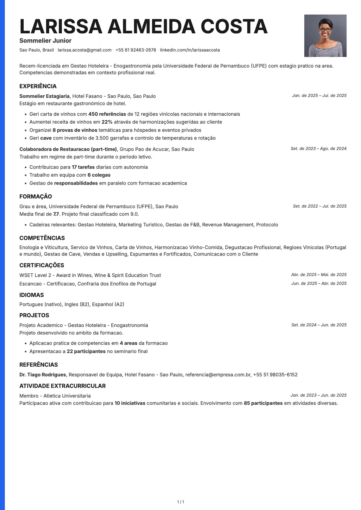 Sommelier Junior resume example