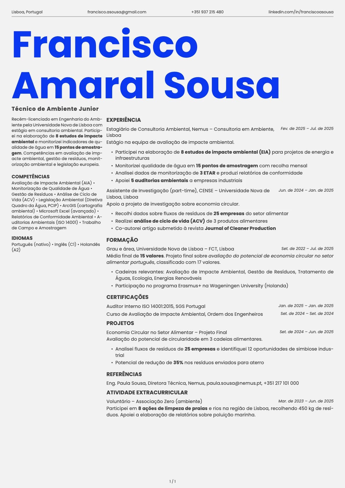 Tecnico de Ambiente Junior resume example