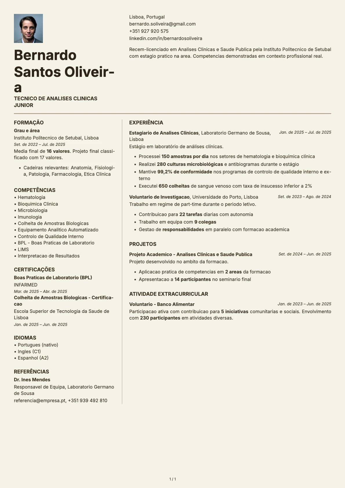 Tecnico de Analises Clinicas Junior resume example