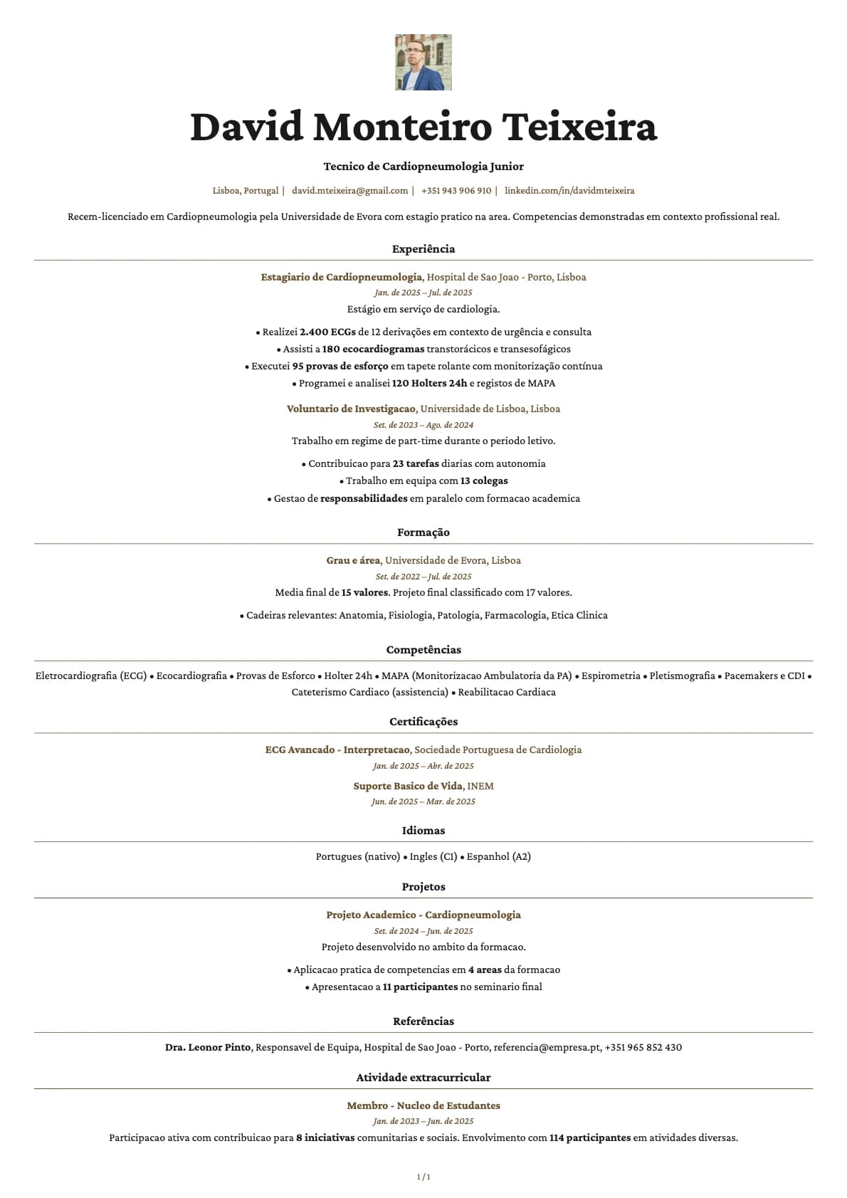 Tecnico de Cardiopneumologia Junior resume example