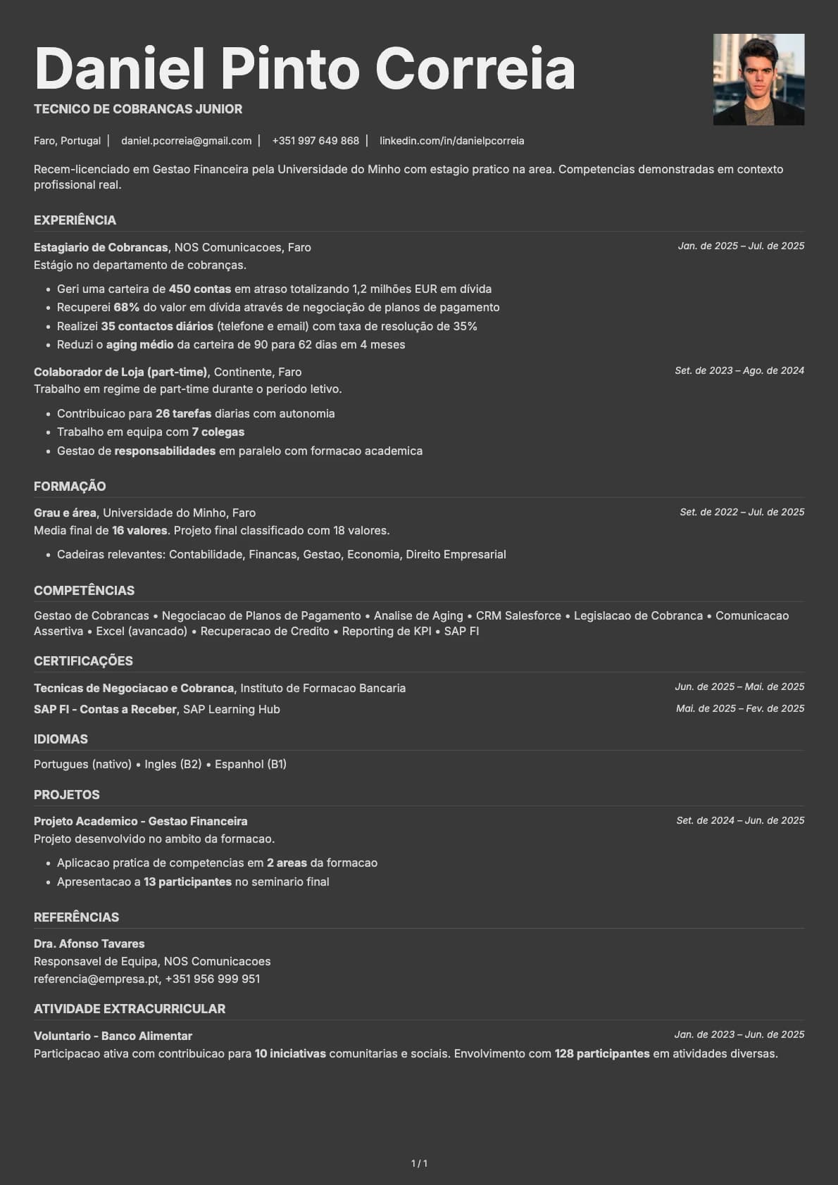 Tecnico de Cobrancas Junior resume example