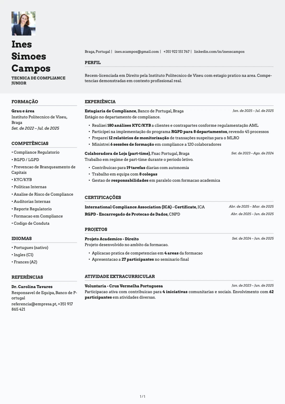 Tecnica de Compliance Junior resume example