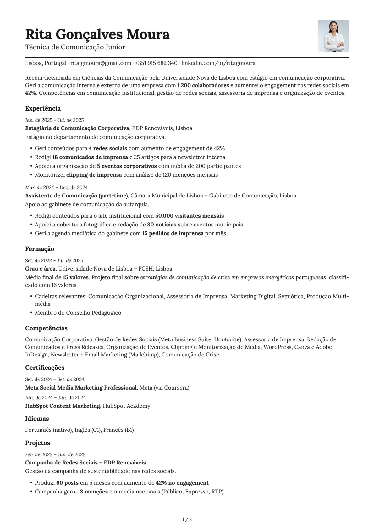 Tecnico de Comunicacao Junior resume example