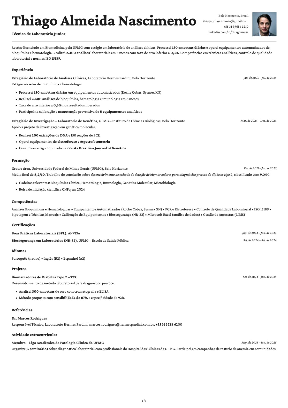 Tecnico de Laboratorio Junior resume example