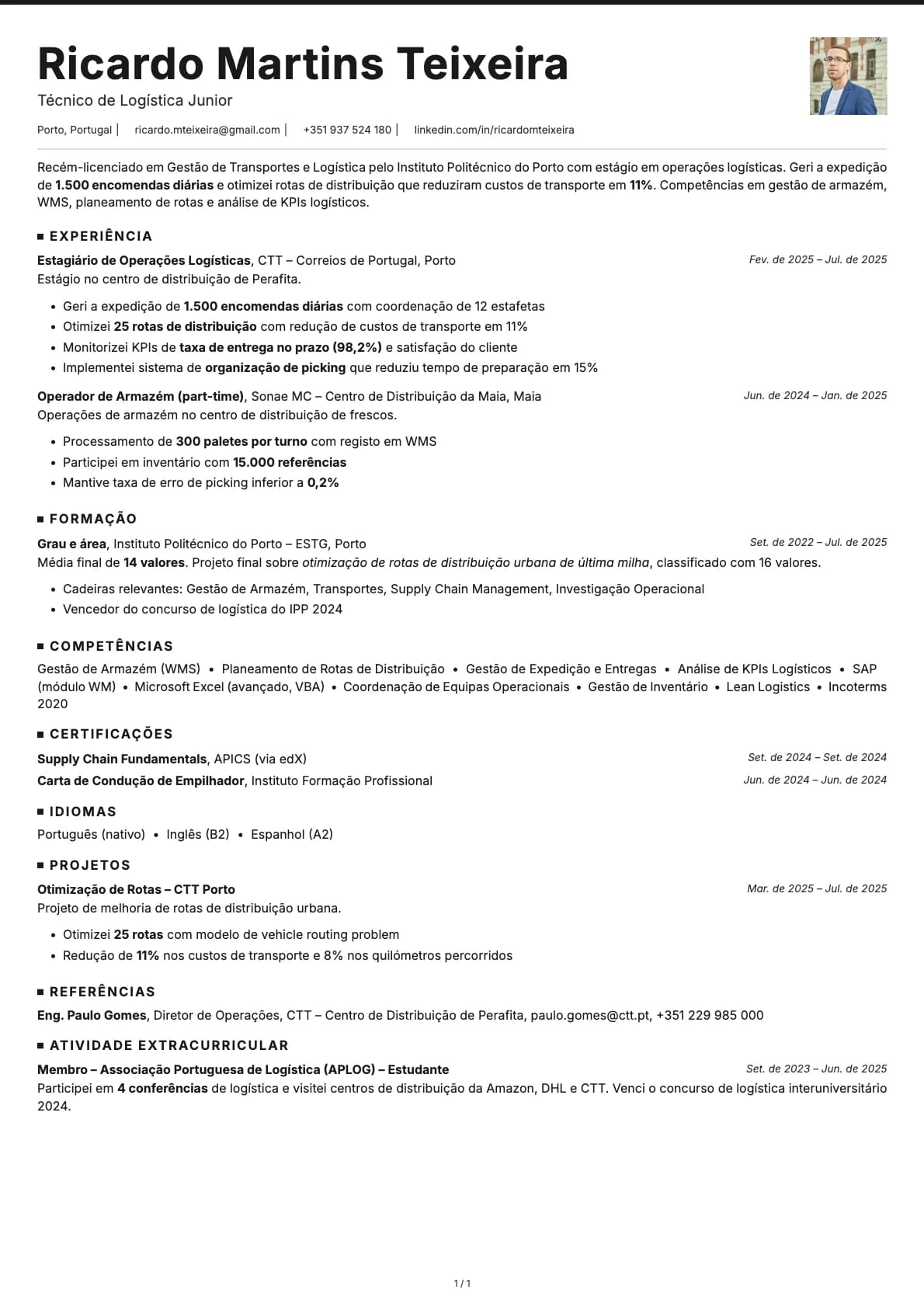 Tecnico de Logistica Junior resume example