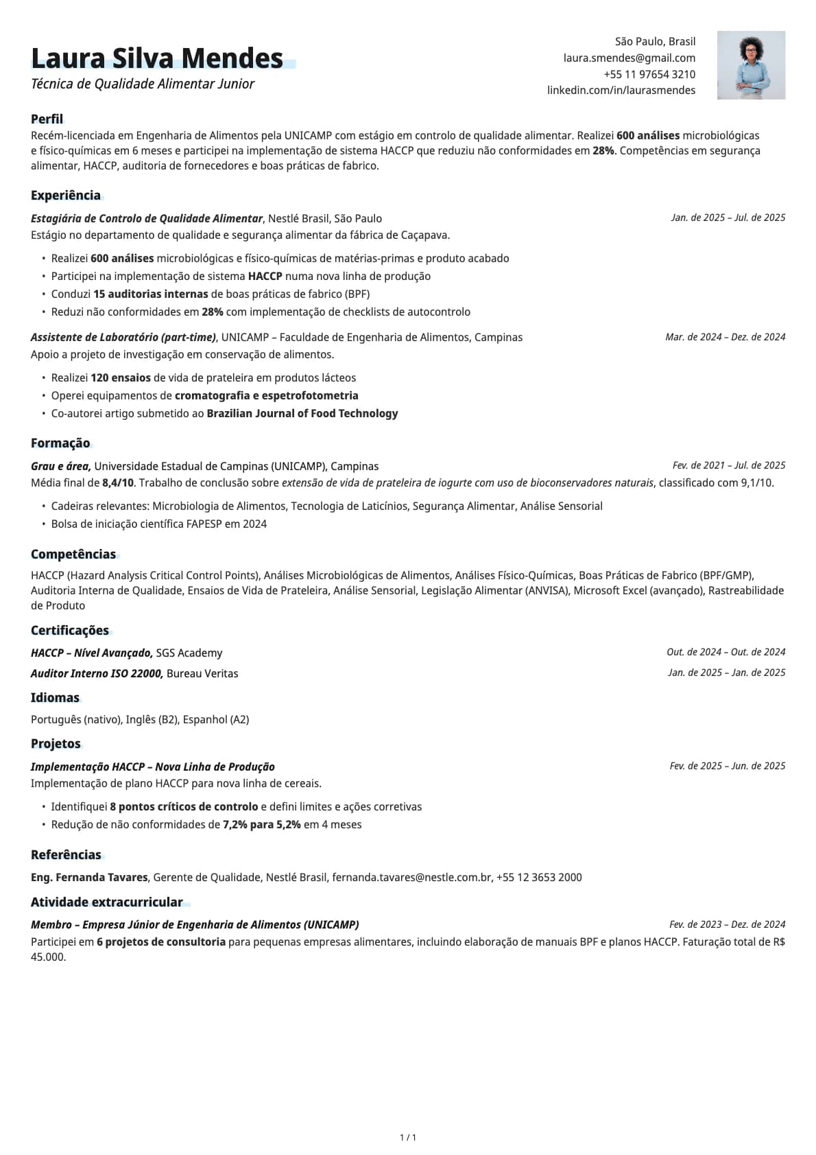 Tecnico de Qualidade Alimentar Junior resume example