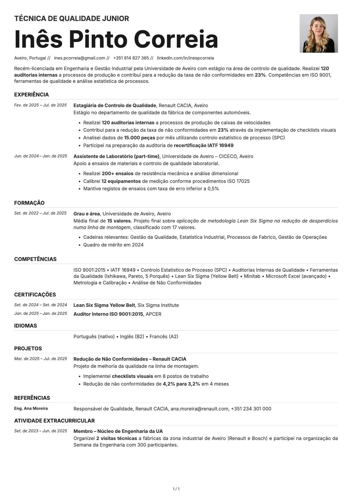 Tecnico de Qualidade Junior resume example