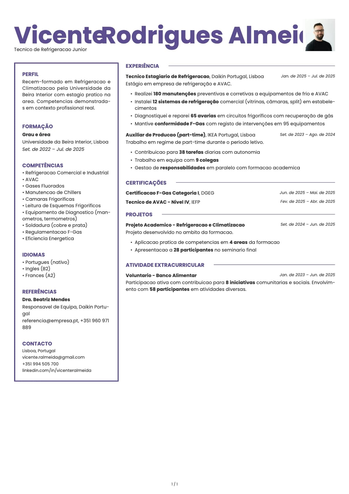 Tecnico de Refrigeracao Junior resume example