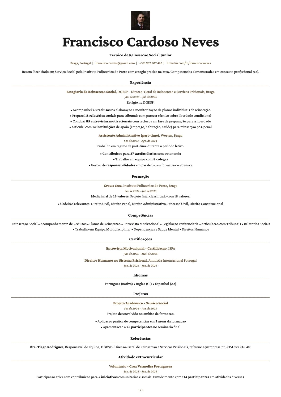 Tecnico de Reinsercao Social Junior resume example